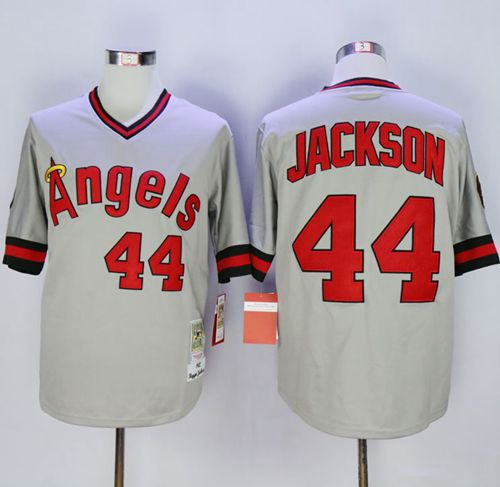 Mitchell and Ness Angels of Anaheim #44 Reggie Jackson Stitched Grey MLB Jersey - Click Image to Close